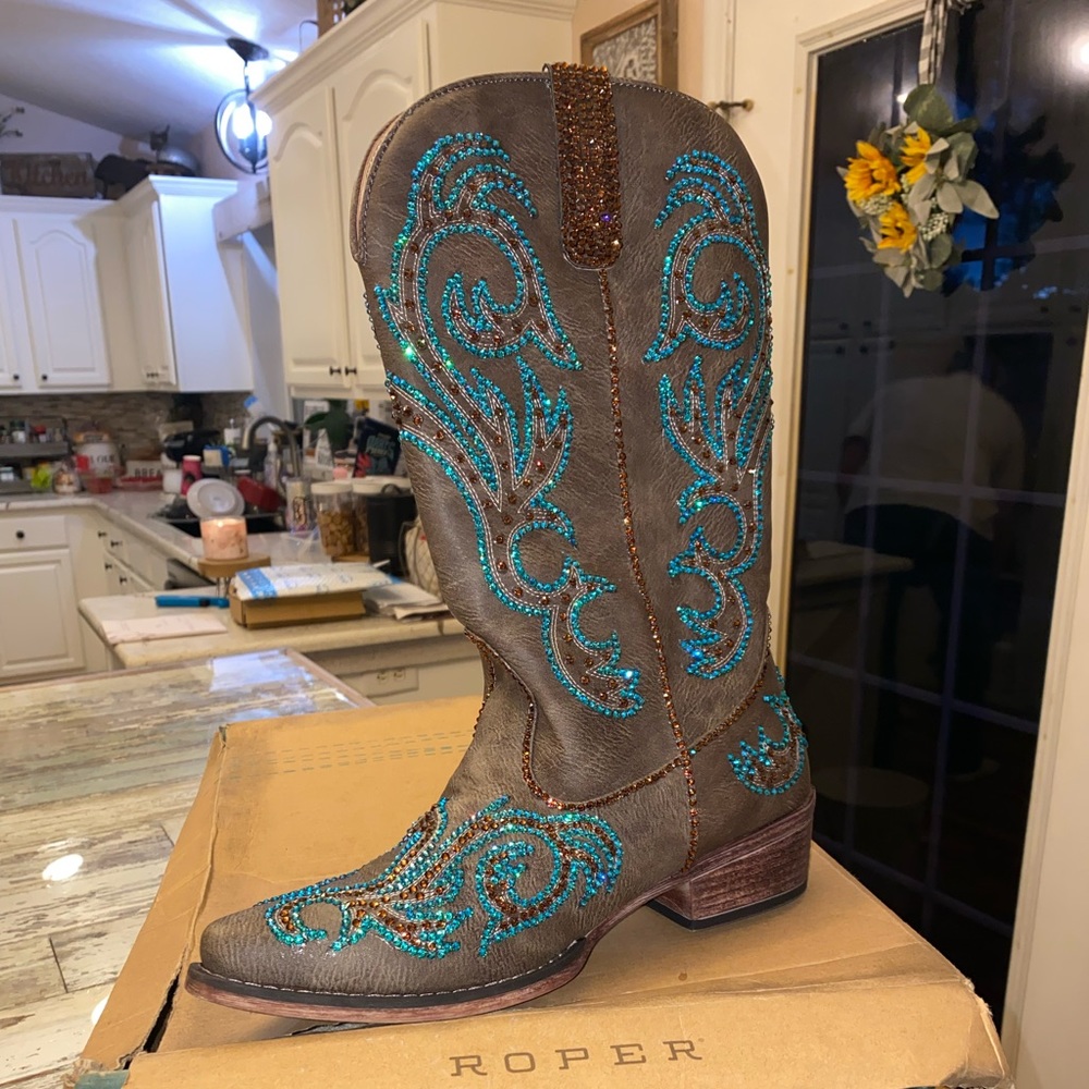 Rhinestone boots - 9 1/2 Ropers brown with teal and bronze Swarovski crystals.